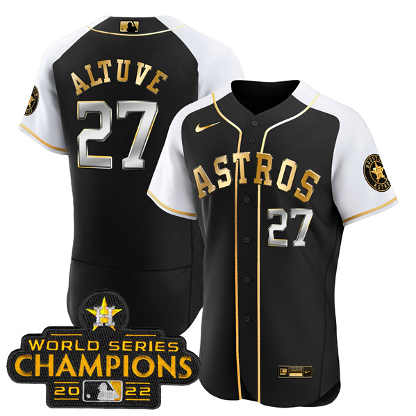 Men's Houston Astros #27 Jose Altuve 2023 Black Gold Alternate Flex Base Stitched Baseball Jersey Men's Houston Astros #27 Jose Altuve 2023 Black Gold Alternate Flex Base Stitched Baseball Jersey